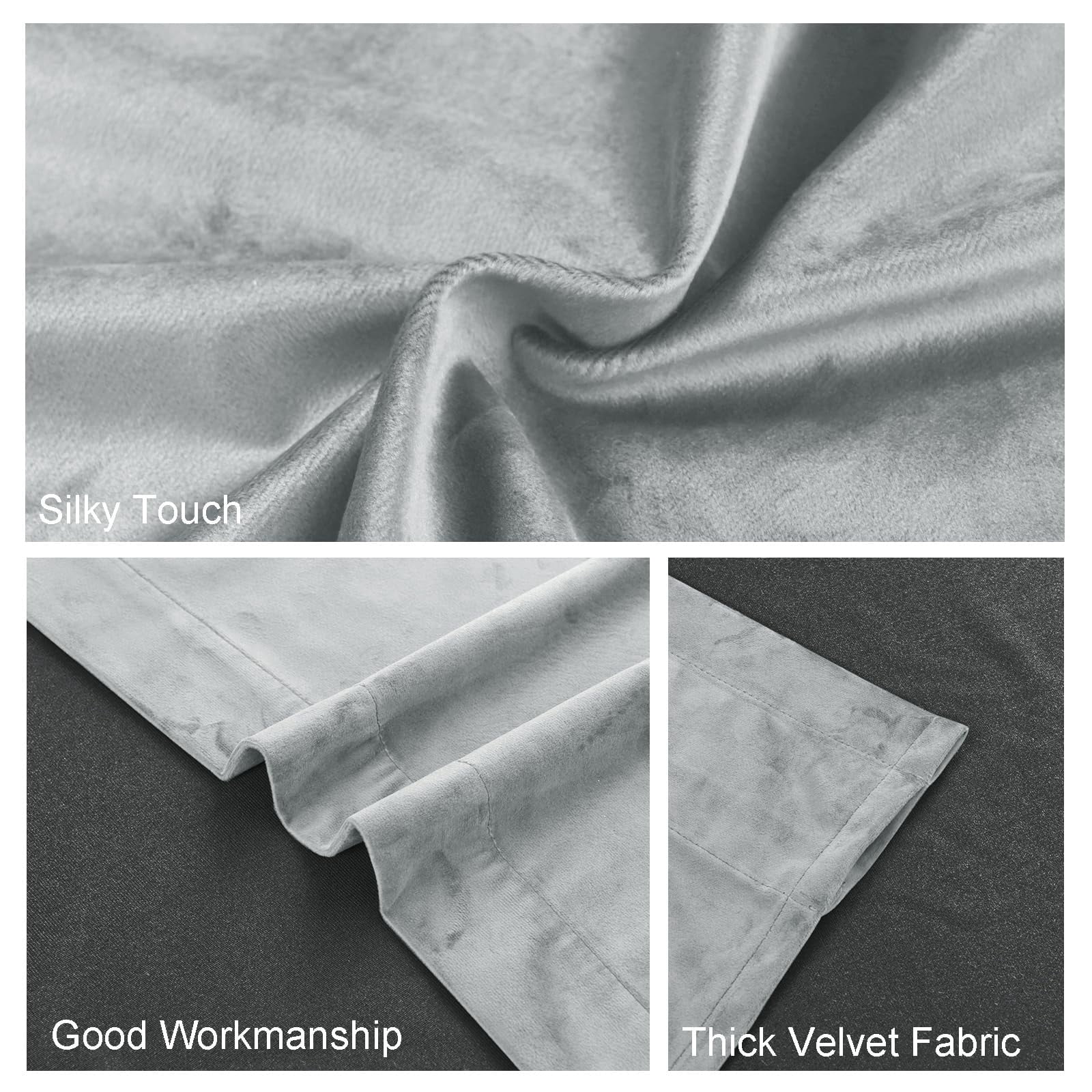 JIUZHEN Velvet Blackout Curtains for Bedroom - 63 inches Thermal Insulated Room Darkening Rod Pocket Drapes for Office/Party, Set of 2 Panels with Tiebacks, 52W x 63L, Silver Grey