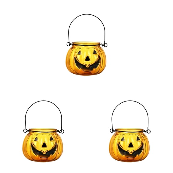 Halloween Pumpkin Tealight Candle Holder, Metal Hanging Glass Jack O Lantern Halloween Pumpkin Tealight Candle Holder for Table Centerpiece, Decorative Grimace Votive Holder Orange