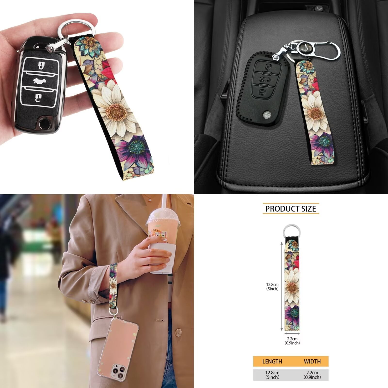 Garronmavis Auto Seat Cover with Headrest Cover Cup Coasters Handbrake Gear Shift Sleeve and Lanyaeds Key Chain Boho Flower Dahlia Fashion Fit Most Cars for Women 11-Pieces Interior Car Accessories