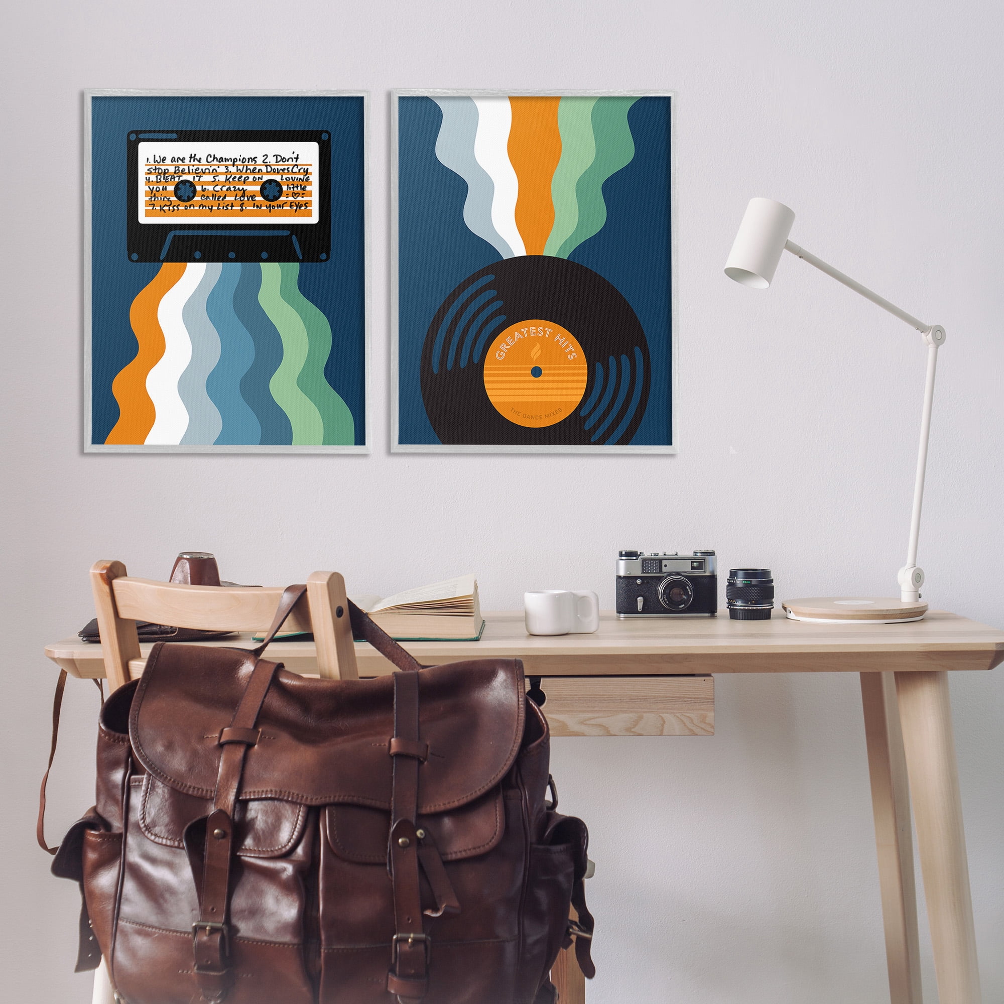 Stupell Industries Retro Music with Stripes Abstract Painting Gray Framed Art Print Wall Art, 24 x 30, Set of 2