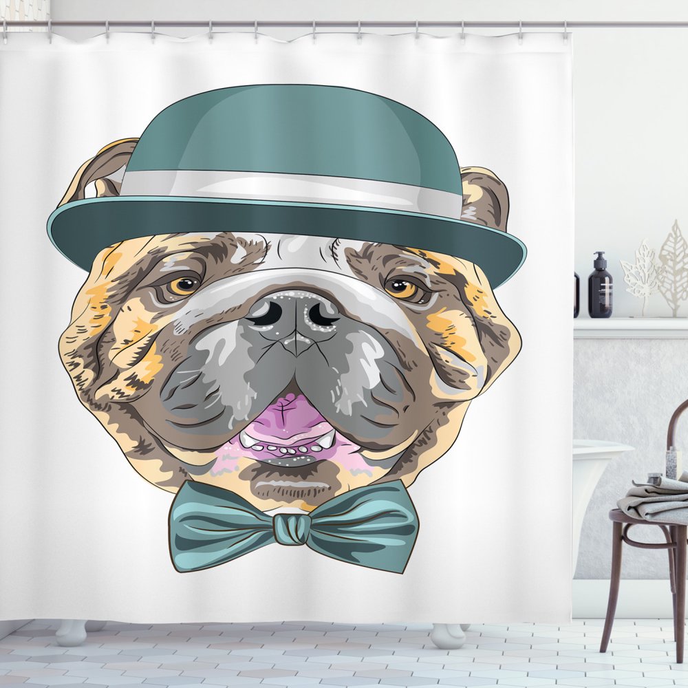 English Bulldog Shower Curtain, Dog in a Hat and Bow Tie Animal Design