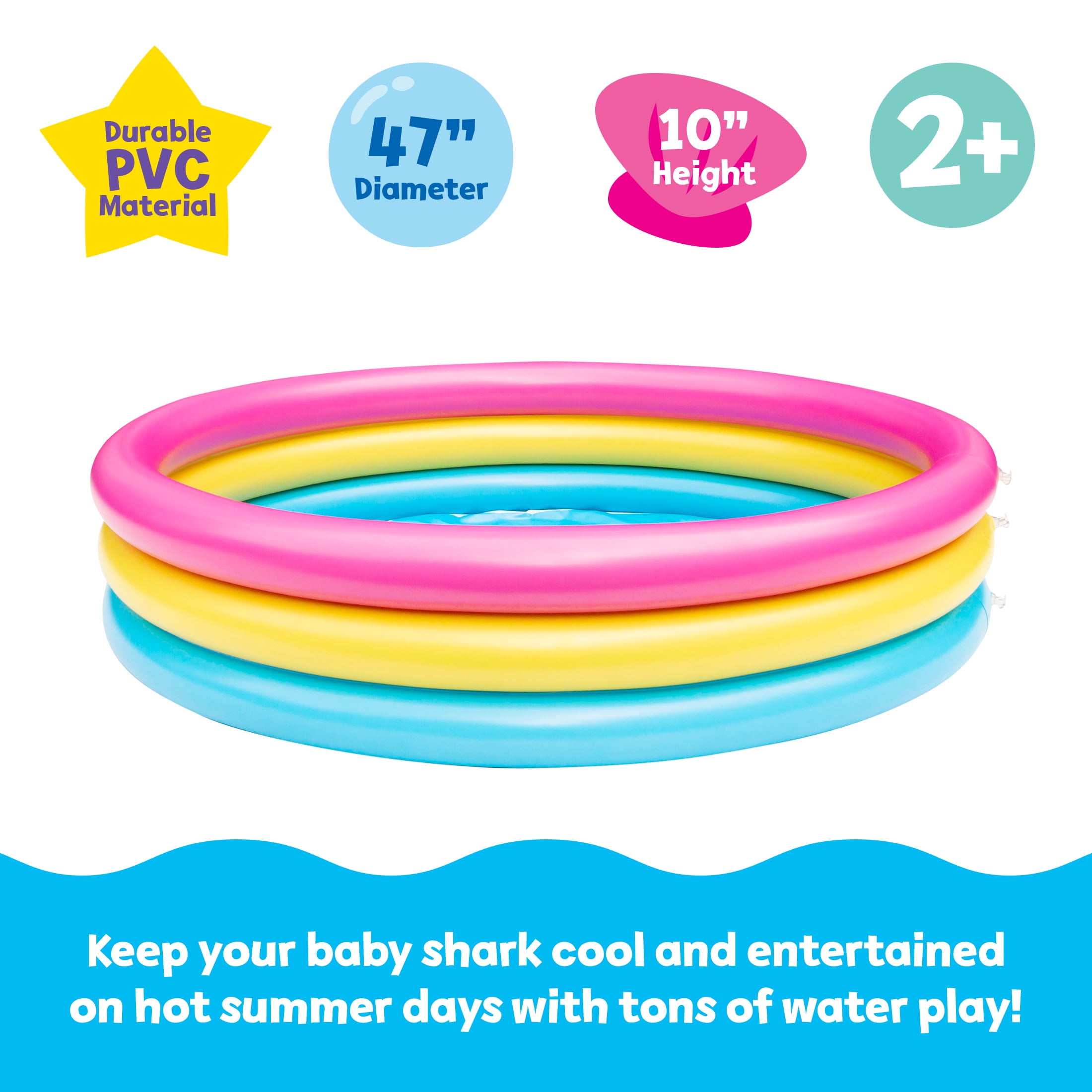 Pinkfong Baby Shark 3-Ring Inflatable Swimming Pool, Portable Pool for Summer Play (Ages 2+)