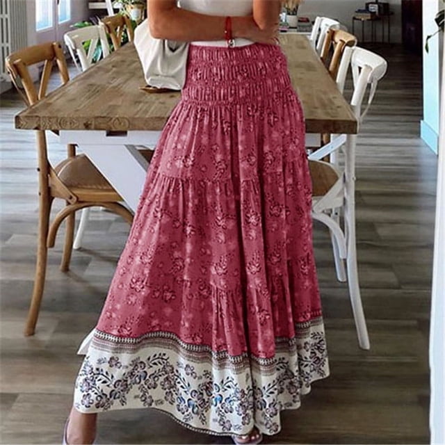 FcBaudy Jupe à la Cheville, Robes pour Femmes, Robes d'Été pour Femmes Mode Confortable Quotidien Taille Haute Imprimé Jupe Longue Robe pour Femmes