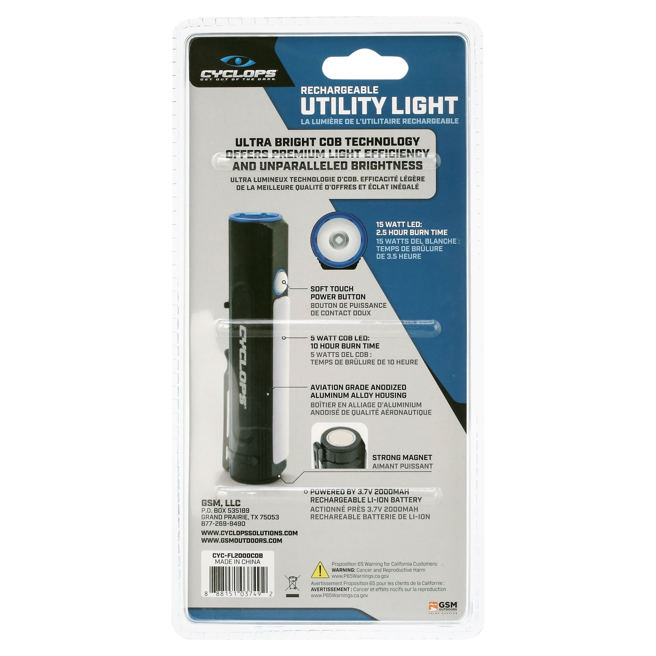 Cyclops 2000 Lumen Flashlight with COB Utility Light | IPX4 Weather Resistant Rechargeable Aluminum Housing Bright 15 Watt LED Flashlight with Magnetic Base | USB Cable Included