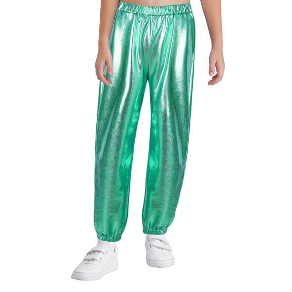renvena Enfants Filles Garçons Taille Élastique Pantalon Sarouel Métallique de Danse Hip-Hop Jazz Danse de Rue Pantalon Athlétique Bleu Vert 12