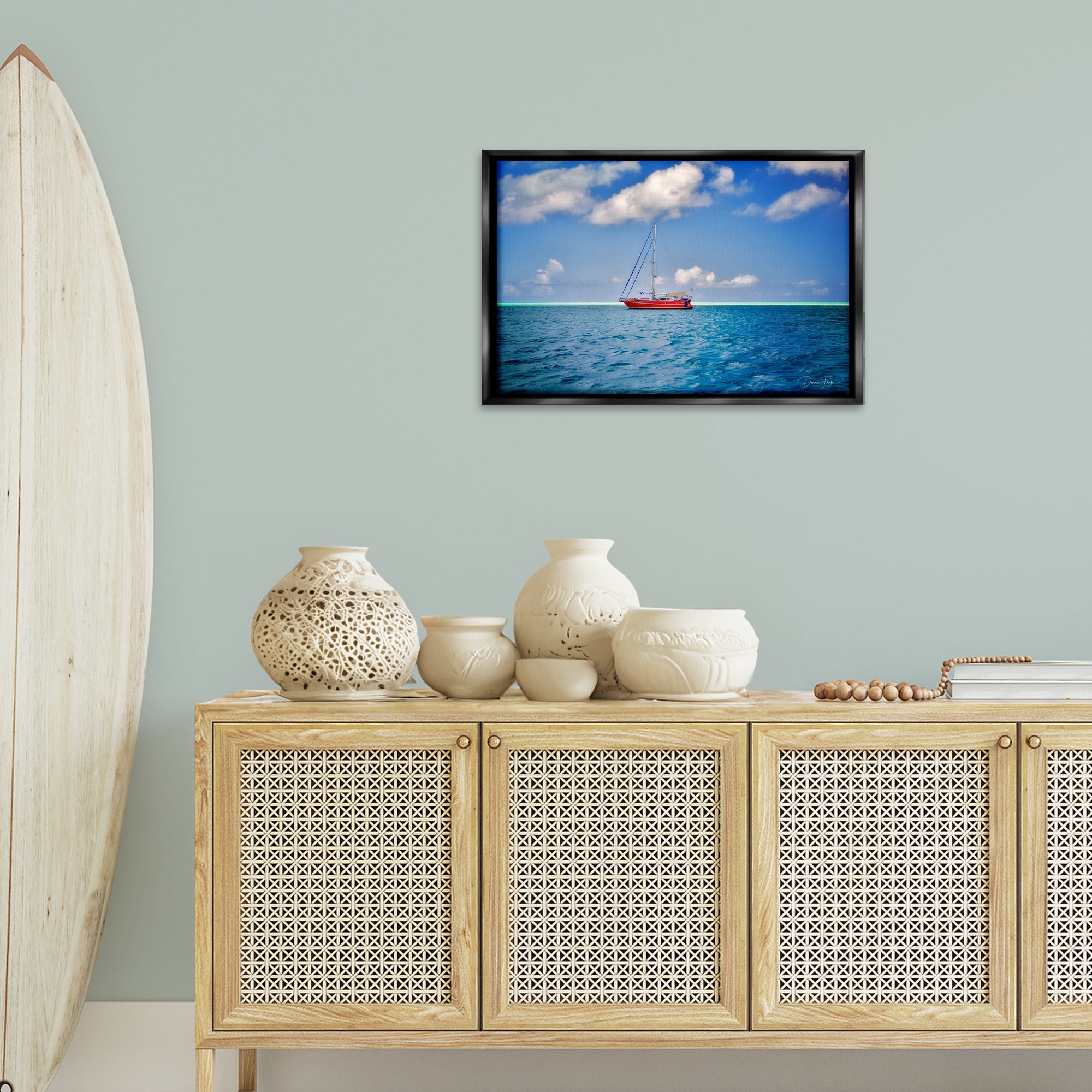 Stupell Industries Ship & Cloudy Sea Nautical & Beach Photography Black Floater Framed Canvas Art Print Wall Art, 25 x 17