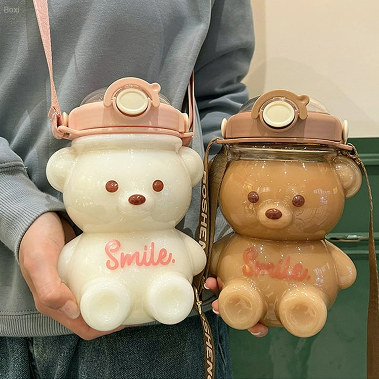 Bear Water Bottle With Straw Strap Large Capacity Milk Bubble Tea Cup Cute Kids Girls School Outdoor Drink Water Bottles