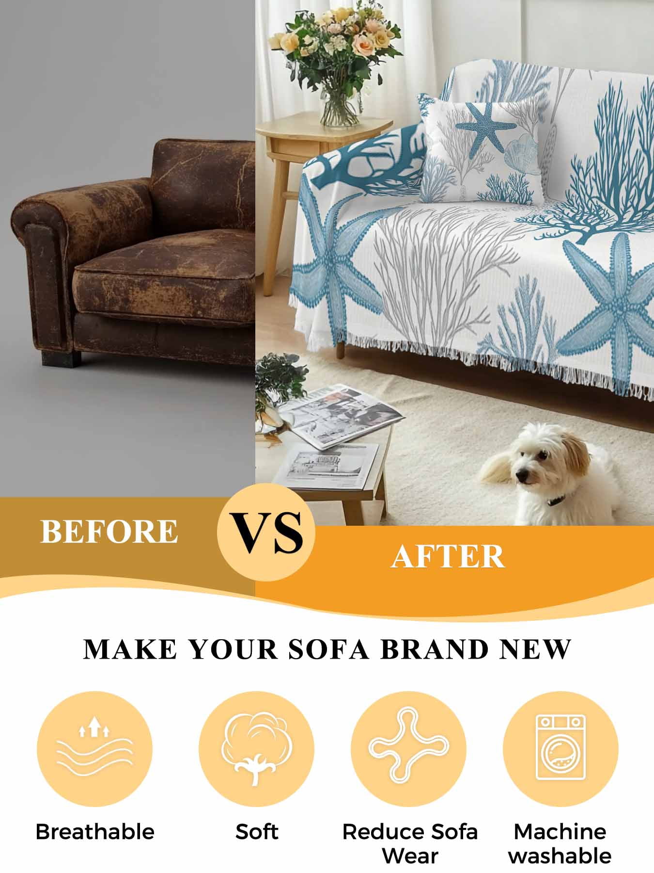 Starfish Coral Couch Cover, Coastal Ocean Seagrass Nautical Nature Sofa Cover Blanket for 3 Cushion Couch, Sectional Sofa Slipcover Furniture Protector for Living Room Bedroom 71''x134''