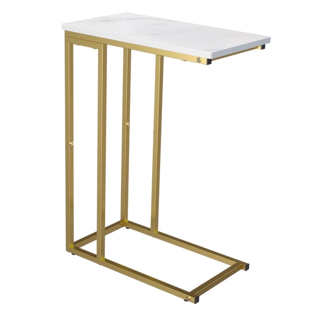 Mesa auxiliar Yusong en forma de C con tapa de madera jaspeada en blanco dorado