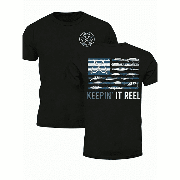 Keepin It Reel Distressed US Flag Fishing Hook Lure Double Sided Print T-Shirt, Outdoor Fisherman Angler Hobby Patriotic Short Sleeve Tee For Men