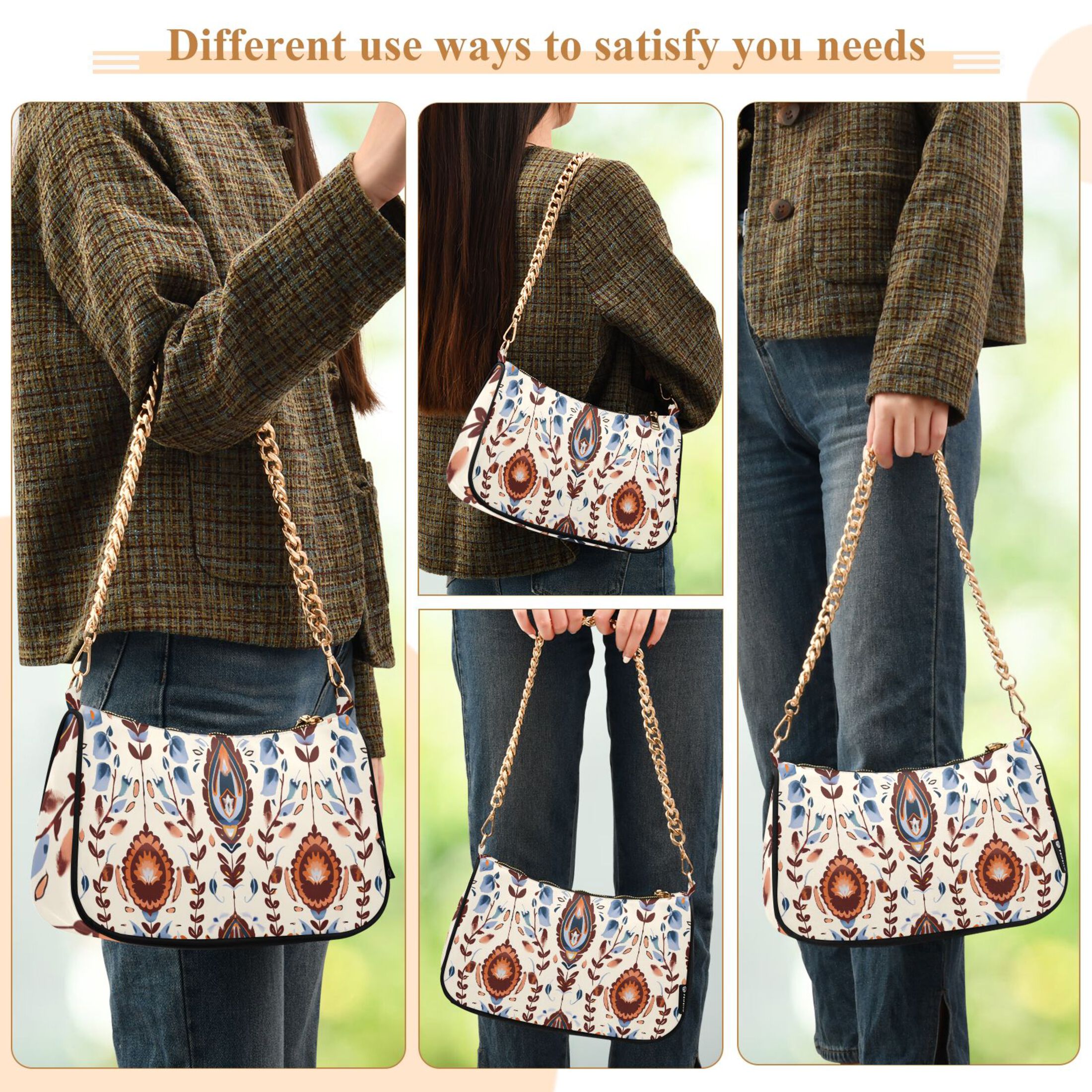 Ryvnso Ethnic Boho Totem Pattern Womens Chain Shoulder Bag Tote Handbags Clutch Hobo Purse with Zipper for Travel