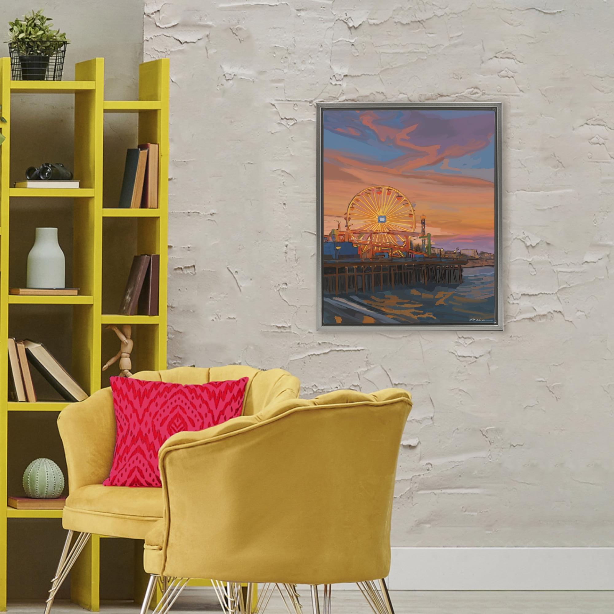 Stupell Industries Santa Monica Pier Sunset Gray Framed Floater Canvas Wall Art, design by Amelia Noyes