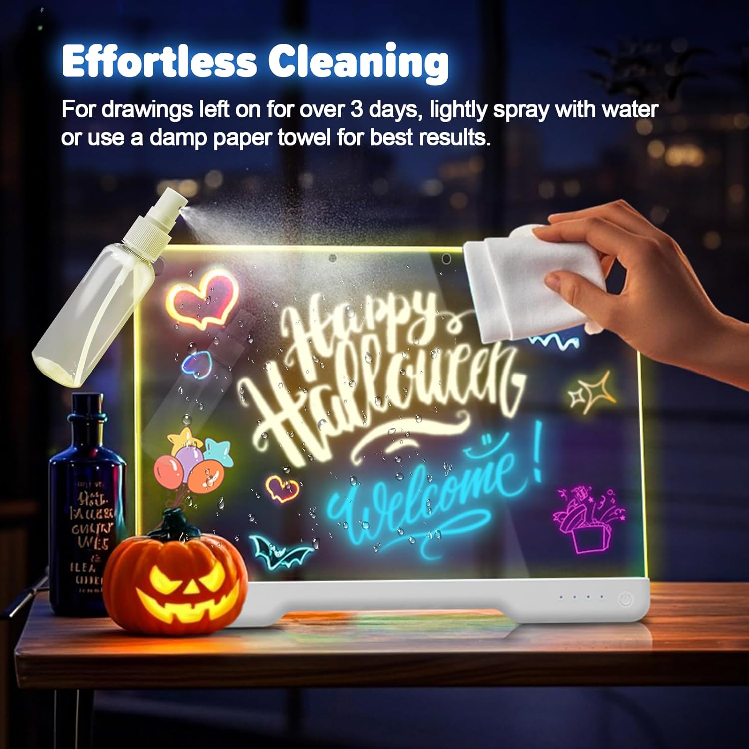 Rechargable "13.7"X10" LED Light-Up Dry Erase Board with 9-Color Neon Doodle Glow, Adjustable Lights Button & Stand - Night Light for Kids Room/Office/Gift, Includes 5 Markers (white)