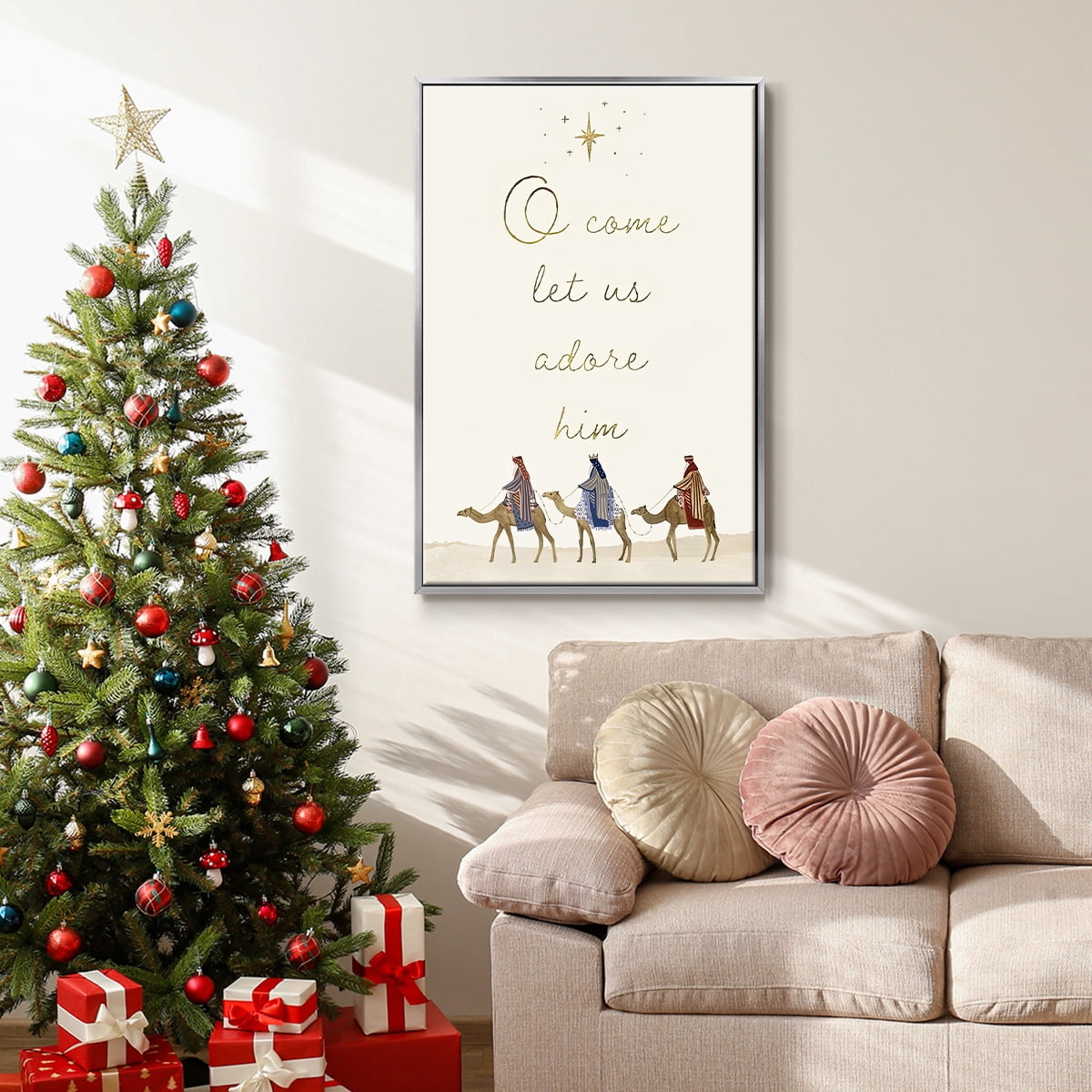 Away in a Manger Collection B - Framed Gallery Wrapped Holiday Canvas - 25 x 37 - Silver Frame