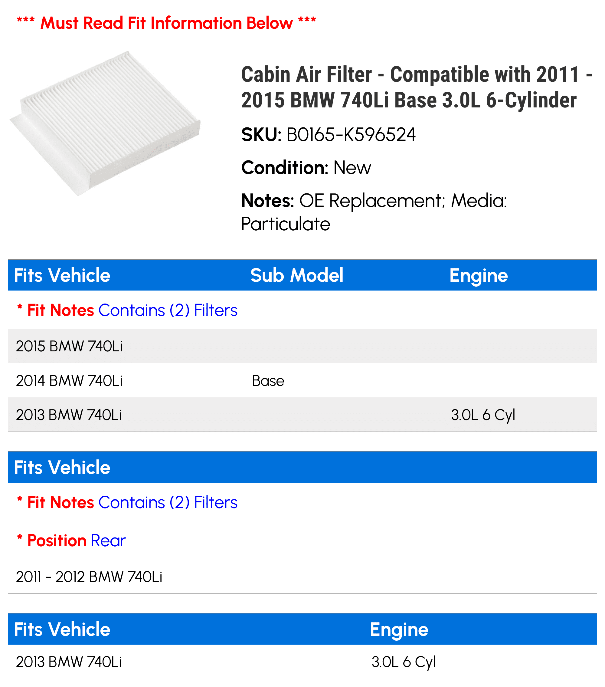 Cabin Air Filter - Compatible with 2011 - 2015 BMW 740Li Base 3.0L 6-Cylinder 2012 2013 2014
