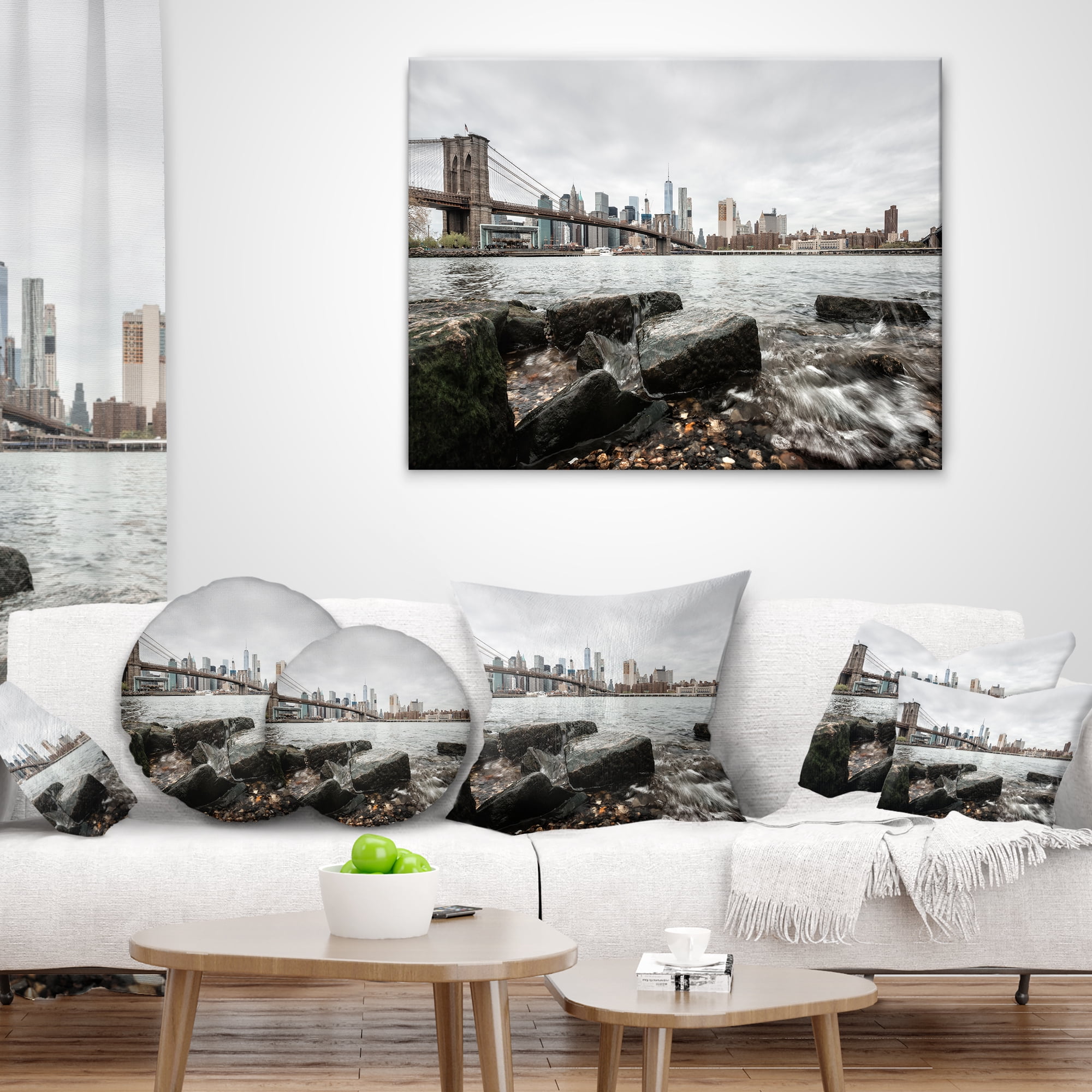 Designart Brooklyn Bridge with Rocks on Shore - Cityscape Throw Pillow - 12x20