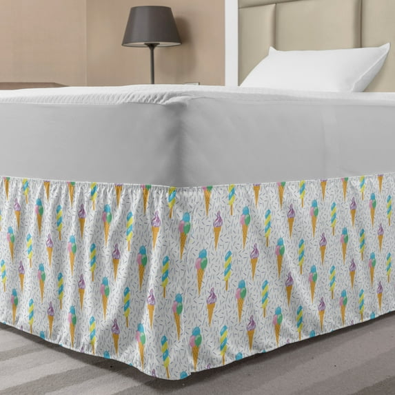 Ice Cream Bed Skirt, Summer Ice Dessert Art Pattern with Waffle Cones and Sundae Dairy Refreshment, Elastic Bedskirt Dust Ruffle Wrap Around for Bedding Decor, 4 Sizes, Multicolor, by Ambesonne