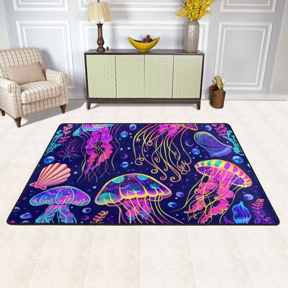Magic Jellyfish Ocean Area Floor Mats 36" x 24" Soft Non-Slip Large Rugs Nursery Memory Foam Carpets Living Room Doormat for Bedroom Dinning Decor