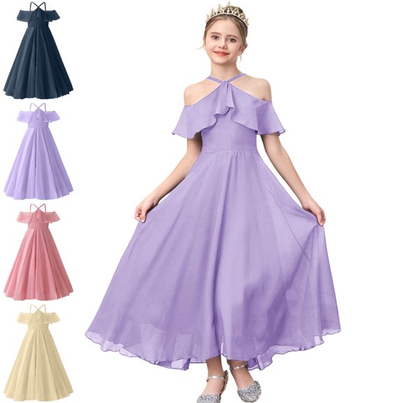 Bmisegm Girls Dress Halter Neck off Shoulder Ruffle Sleeve High Waist Flowy Long Formal Dress Girls' Dresses 7-8 Years