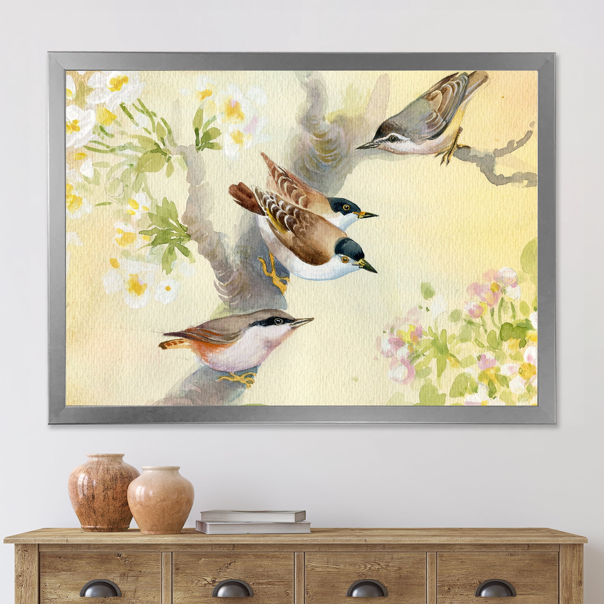 Designart 'Birds Sitting On A Blossoming Apple Tree' Traditional Framed Art Print