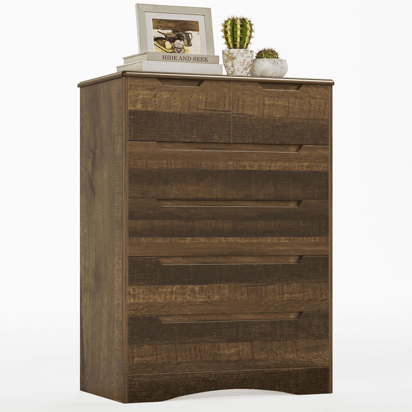 Aiho Dresser with 6 Drawers, Wood Tall Chest, Built-in Handle Drawers for Bedroom, Home, Living Room, Hallway - Brown