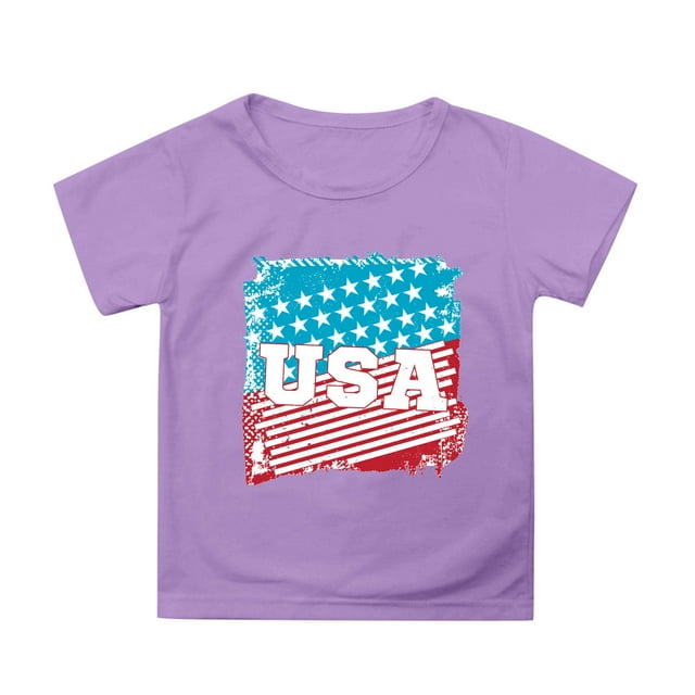 NINGMENG Hauts et T-Shirts pour Filles Préadolescentes Imprimé Drapeau Fête de l'Indépendance 4 Juillet Col Rond Manches Courtes Hauts Chandail T-Shirts Vêtements de Sport, Violet, 10-11 Ans