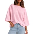 thumbnail image 6 of Yaruuzi 3/4 Length Sleeve Womens Tops Raglan Sleeve Tops Pleated Shirts Fall Tops Light Weight Tops Crewneck T Shirts Plus Size Women Blouses Round Neck Tunic Solid Color Shirts Pink L, 6 of 8