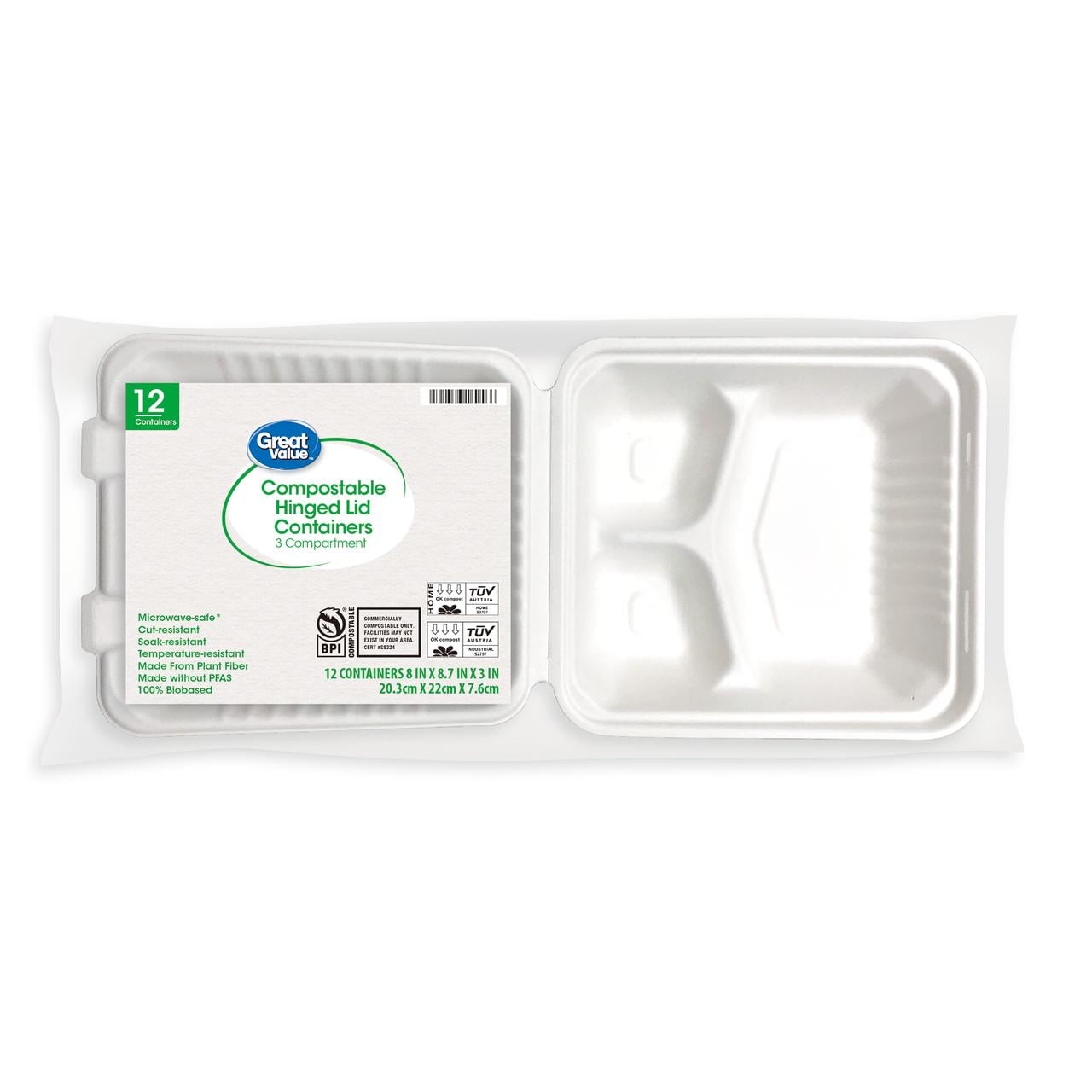 Great Value Eco-Friendly 3 Compartment Compostable Hinged Container, White, 12 Count