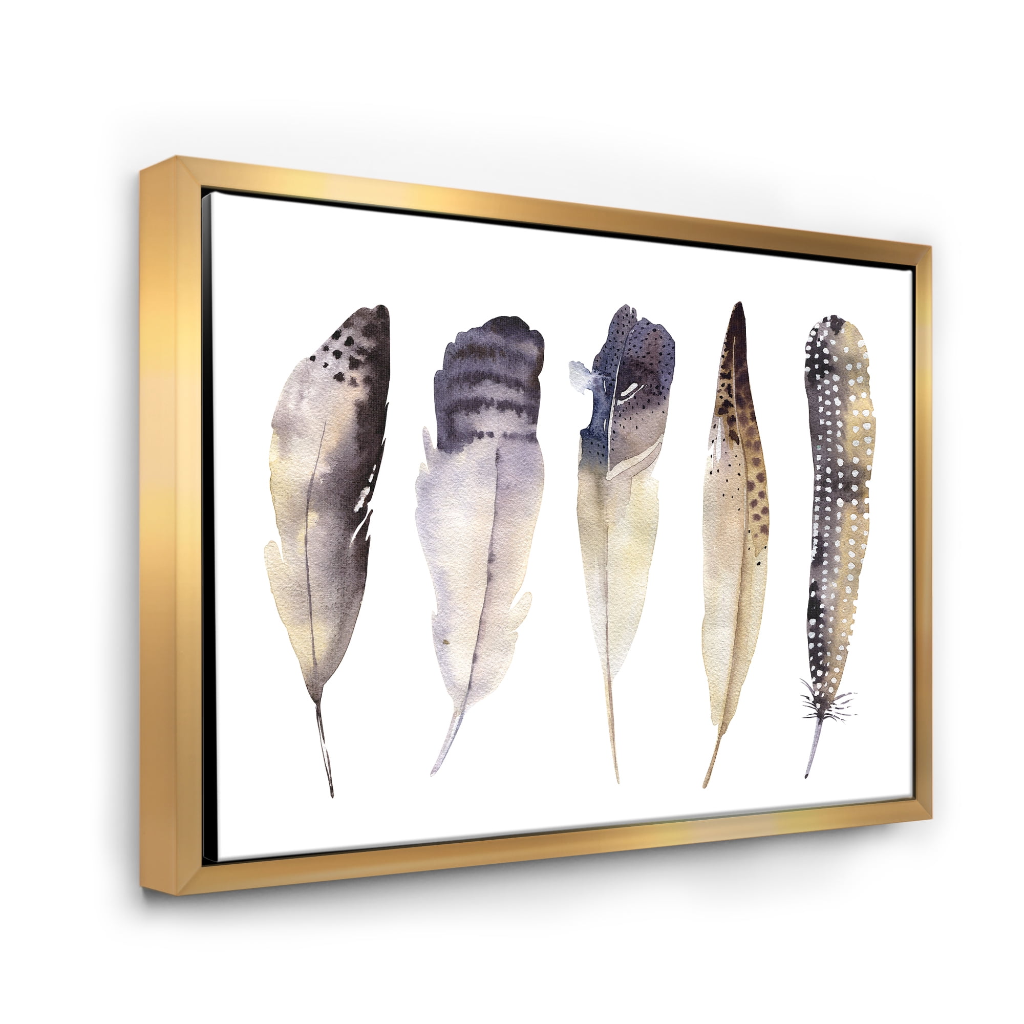 Designart 'Dark Gray Feathers Boho Ethnic II' Bohemian & Eclectic Framed Canvas Wall Art Print