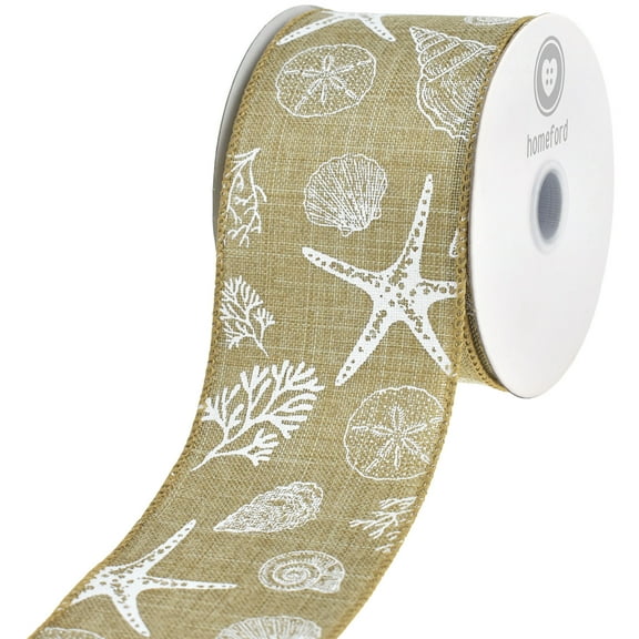 HOMEFORD Summer Stamped Beach Icons Faux Linen Wired Ribbon, 2-1/2-inch, 10-yard, Natural