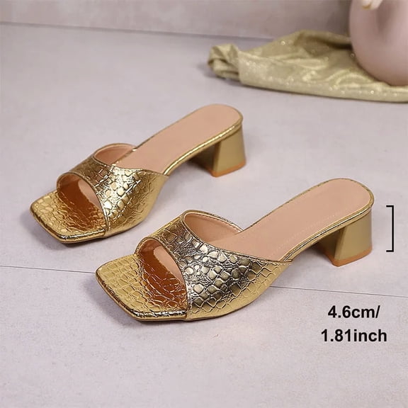 SCHUHLAND Women's Gold Square Toe Sandals, Summer Fashion Slip-On Slides with 4.6cm Comfortable Thick Med Heels, Plus Size 36-43