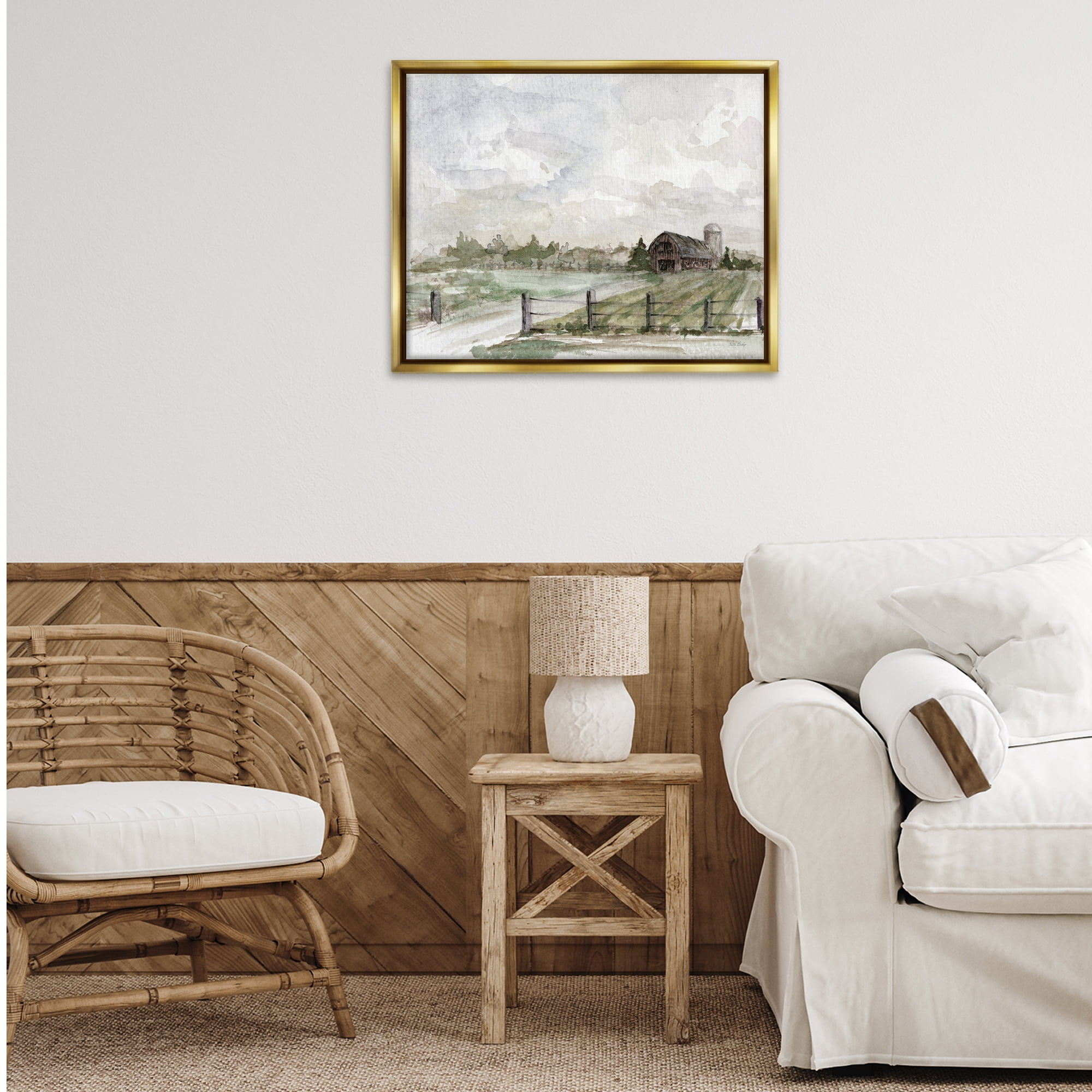 Stupell Industries Rustic Barn & Fence Landscape Painting Gold Floater Framed Canvas Art Print Wall Art, 31 x 25