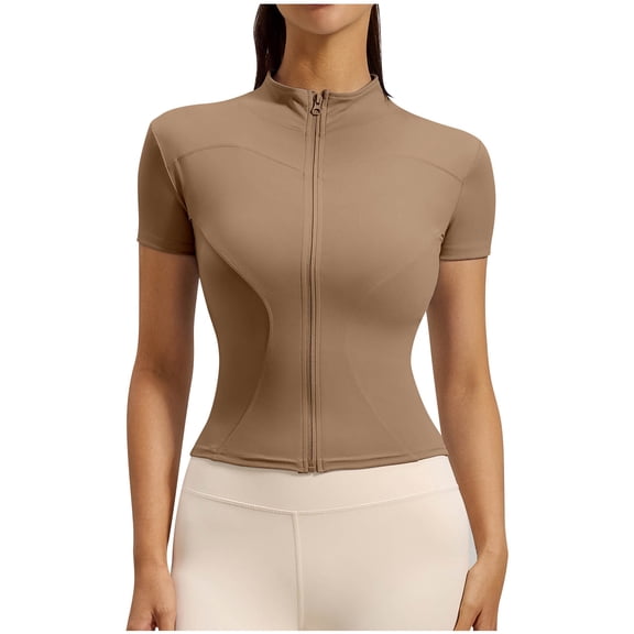 Women's Short Sleeve Slim Fit Athletic Jacket Full Zip Workout Tops Solid Color Fitness Clothing