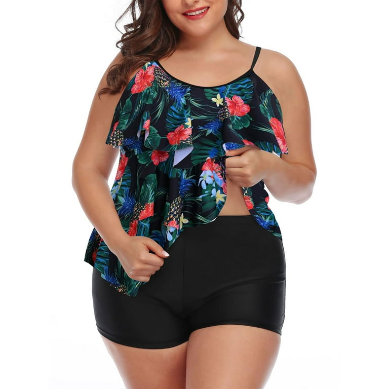 Chama Plus Size 2-Piece Swimsuits for Women Flounce Printed Tankini Bathing  Suits Tummy Control 