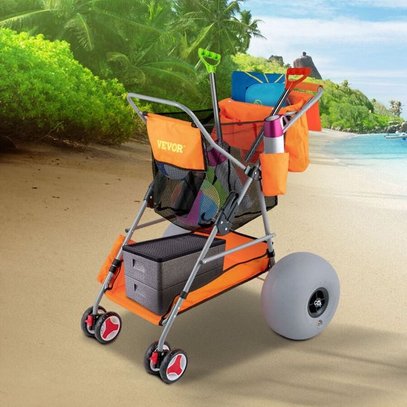 VEVOR Beach Wonder Wheeler 12 AllTerrain Balloon Wheels 350 lbs Beach Cart for Sand Beach Buggy wFlip Flop Holder Storage Bag 2 Beach Chair Holders Orange
