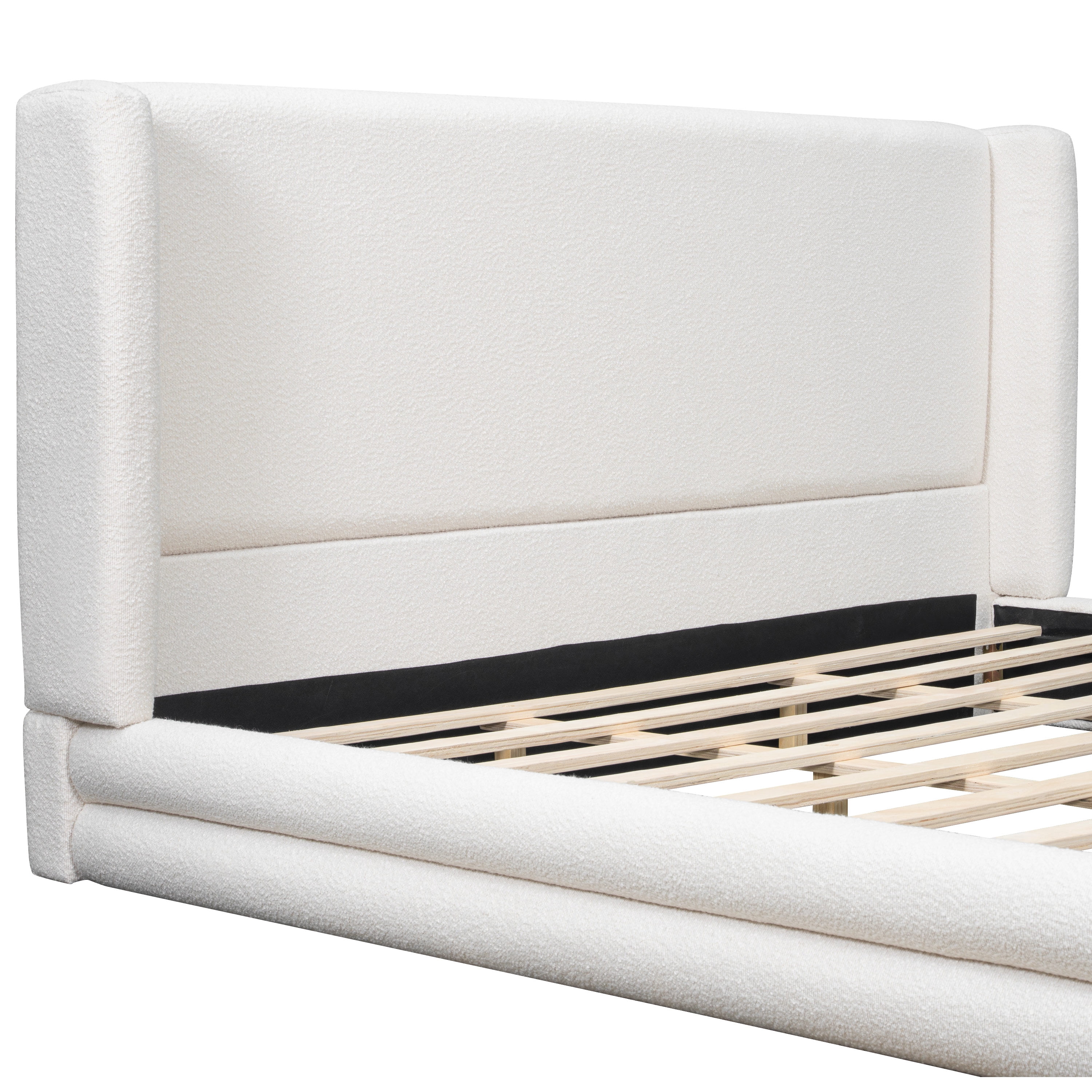 King Size Upholstered Bed Frame with Boucle Thick Wingback Headboard, Platform Bed with Wood Slats for Bedroom, White