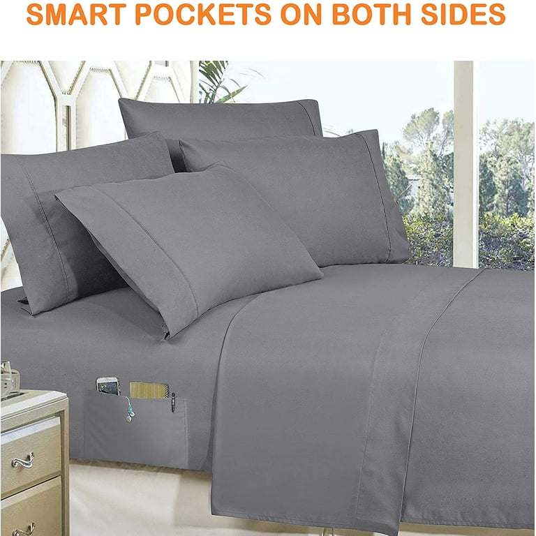 10-Pieces Cindyrealla Multiruffle Comforter Set, Includes Bed Sheet Set  with Double Sided Smart Storage Pockets, Full/Queen, Grey
