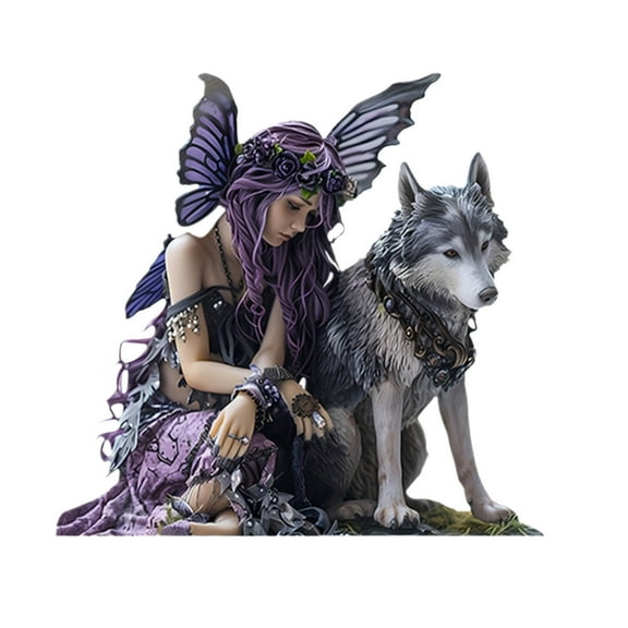 Magical Forest Creature Sculptures - Fairy with Wolf Statue for Shelf Decor