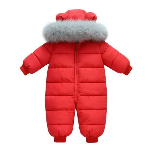 Ruyang Baby Boys Girls Puffer Snowsuit Winter Warm Quilted Down Jumpsuit Faux 𝐅𝐮𝐫 Hooded Zip Up Outfits Thermal 𝐎nesie