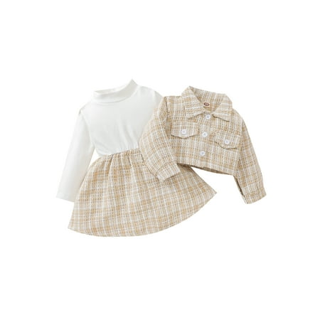

Musuos 2Pcs Baby Girl Party Outfit Plaid Long Sleeve Buttons Outwear + Patchwork Mock Neck Dress Set for Toddler Girls 3-24 Months