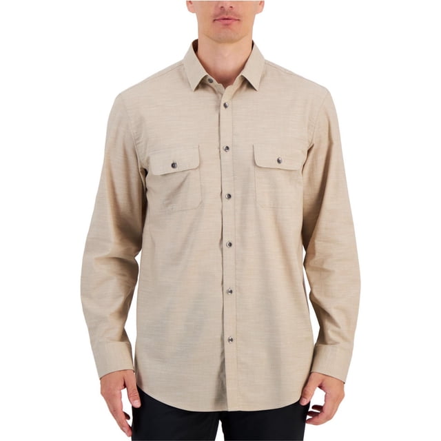 Alfani Mens Heathered Button Up Shirt, medbeige, XL Neck