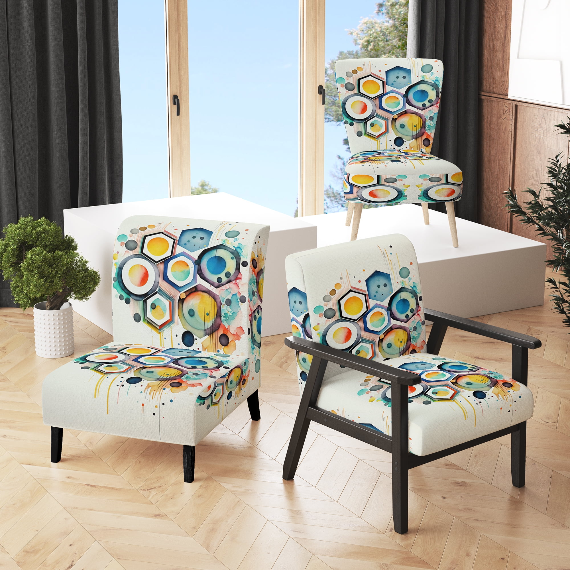 Designart Geometric Hexagon and Circle III Blue Modern Upholstered Accent Chair Modern Arm Chair For Bedroom