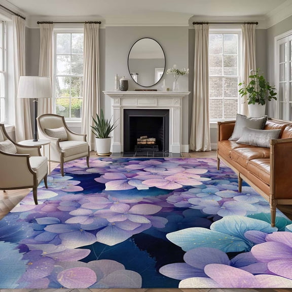 Vintage Hydrangea Area Rugs 8'x10', Washable Small Throw Rugs for Living Room Patio, Spring Purple Flowers Garden Plants Indoor Outdoor Rug Non-Slip Low Pile Carpet Runner Reversible Floor Mats