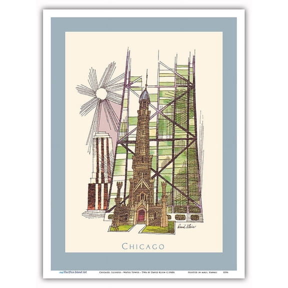 Chicago Illinois - Water Tower - Vintage Travel Poster by David Klein c.1960s - Master Art Print (Unframed) 9in x 12in