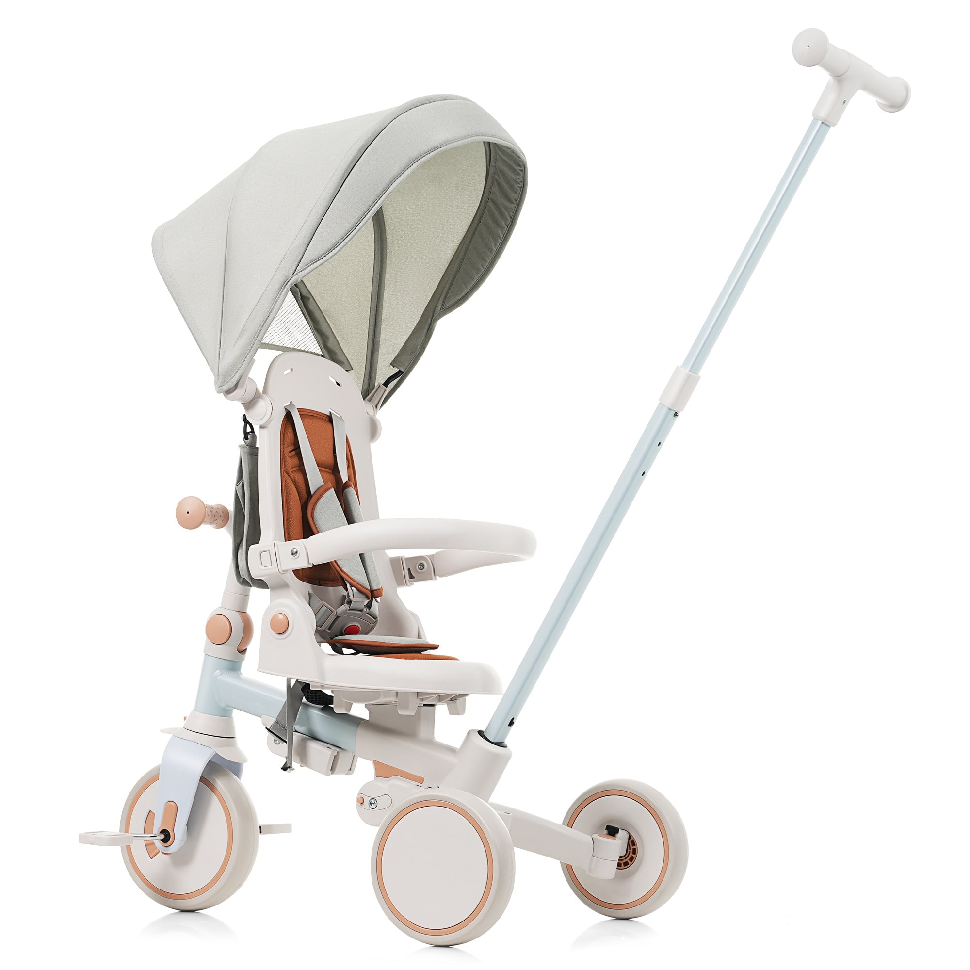 7-in-1 Baby Tricycle 1-6 Years Aluminum Frame with Canopy Push Handle 5-Point Harness for Kids Outdoor Ride