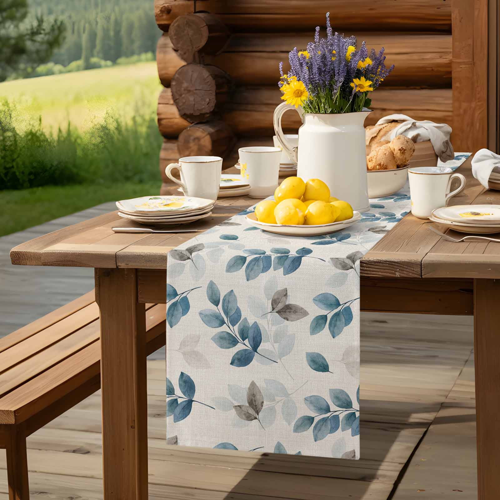 Watercolor Eucalyptus Leaves Blue Grey Table Runner 90 Inches Long, Country Botanical Retro Linen Table Runners Tabletop Scarf Kitchen Dining Tables Decoration for Home Party Indoor Outdoor