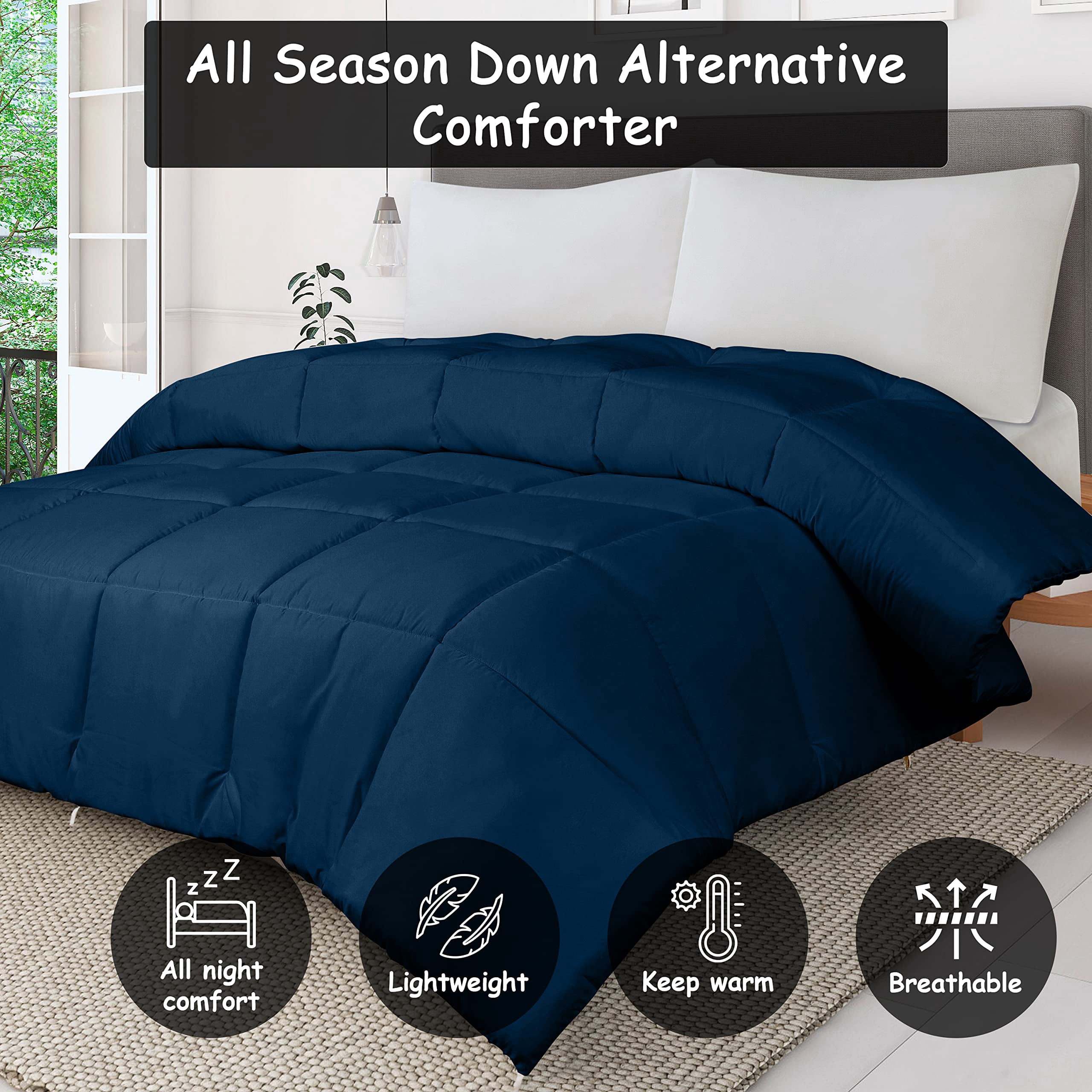 ROYALE California King Comforter - All Season Down Alternative Bedding Comforters- Lightweight Quilted Comforter with Corner Tabs- Soft Luxury Hotel Comforters- Box Stitch Duvet Insert (KingCal Navy)