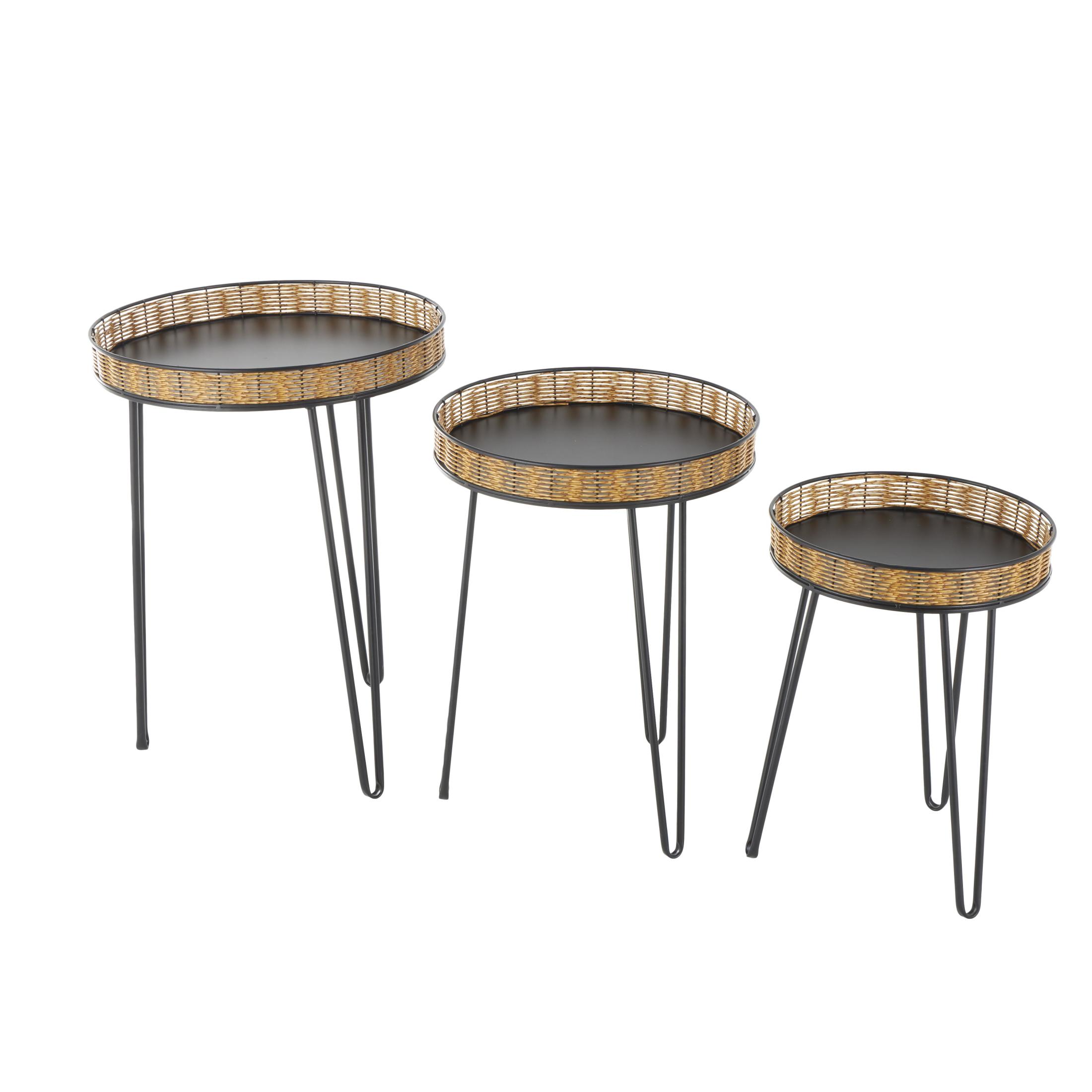 DecMode 18" x 24" Black Metal Handmade Accent Table with Rattan Edges Tabletops, 3-Pieces