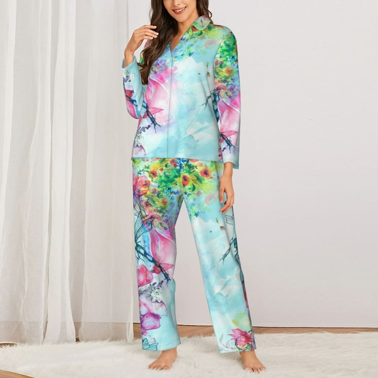 Kll Dragonfly Floral Print Women S Long Sleeve Pajamas With Pants Sleepwear Loungewear 2 Set Small