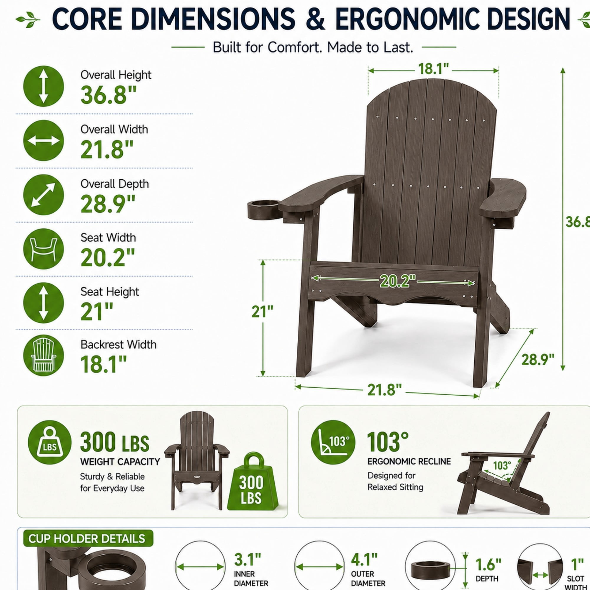 Y&M Adirondack Chair, HDPE Weather Resistant Outdoor Chair with Cup Holder, Dark Brown